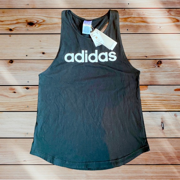 adidas Tops - ADIDAS Women’s High Neck Single Jersey Curved Hem Logo Tank Top in Black